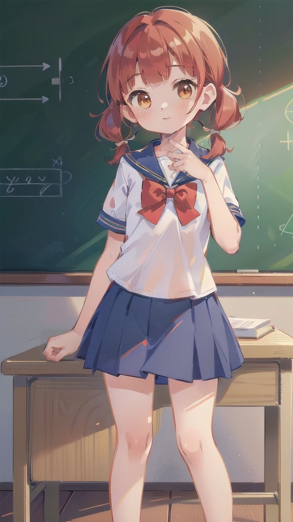 ((top quality, ultra-detailed, high resolution, extremely detailed CG, unity 8k wallpaper, by famous artist, perfect anatomy, super detailed skin, cinematic lighting, UHD, retina, anatomically correct, 1080P)), (Please draw a single one happy girl walking in a classroom school :1.3), ((1girl)), (Solo, face,13-year-old:2.0), a junior high school student, ((cute petit girl, chibi, babyface)) androgynous charm, (Medium hair, ((full red hair)) ((redhead)), pigtails, straight bangs, with a bow in her hair, ((very thin legs)), ((skinny legs, thin body, small build)), Full limbs, complete fingers, ((perfect fingers and hands)), flat chest, small breasts, childish body, small butt, groin, Beautiful detailed full yellow gold eyes, perfect eyes, sailor , ((blue skirt)) and white blouse, ((red bow on the blouse)), blue sailor collar, short sleeves, without stockings, (Detailed Lighting), ((classroom background)), (Detailed scenary background), ((in the school zone)), full body view, ((standing)), legs. Cute, kawaii single girl (one girl), full body shot. ((Background is the school)), front body, ((left hand up, right hand down)), ((little young 13 years old body:1.3))