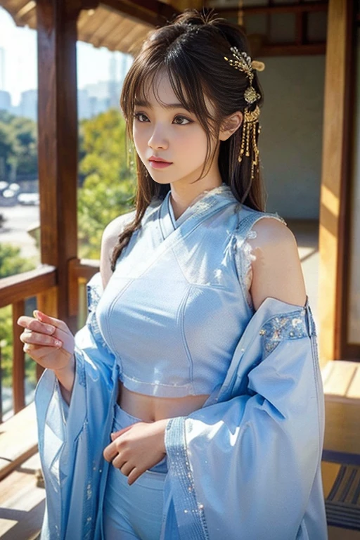 (masterpiece:1.2, Highest quality), Realistic, (live-action, Intricate details, Written boundary depth，Light blue sexy outfit), Part your lips, Very detailed, Perfect Face, Perfect body, Large Model,Indoor Background,Transparent nipples,
Beautiful 20 year old Japanese woman, expensive, Long legs, Separate the upper and lower costumes,embellished costume,
Natural bokeh background,Costume with wide open chest,Clothing that exposes the navel and shoulders,露出度のexpensive衣装,The lower body is only underwear,Only upper body clothing,Random Hairstyles
