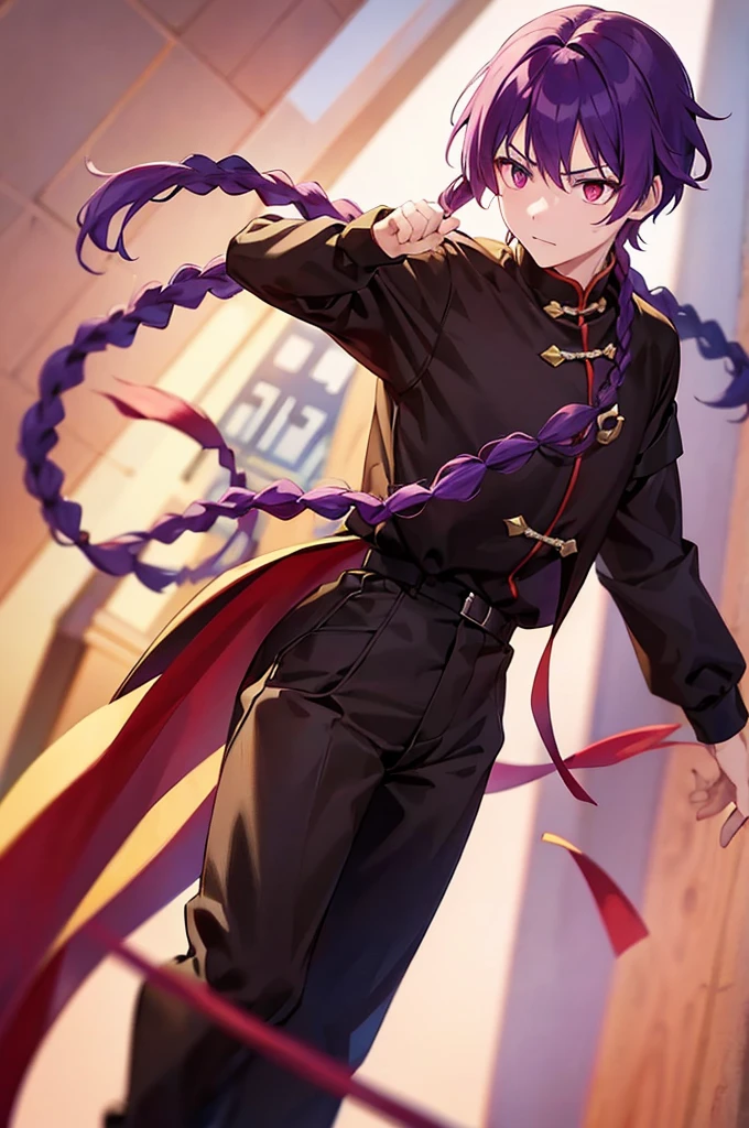 Purple Hair、Red eyes、White background、Anime characters、Knot、Braid、A man wearing black kung fu clothing、A young man with a determined look、Man standing facing forward、juvenile