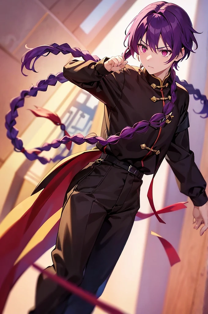 Purple Hair、Red eyes、White background、Anime characters、Knot、Braid、A man wearing black kung fu clothing、A young man with a determined look、Man standing facing forward、juvenile