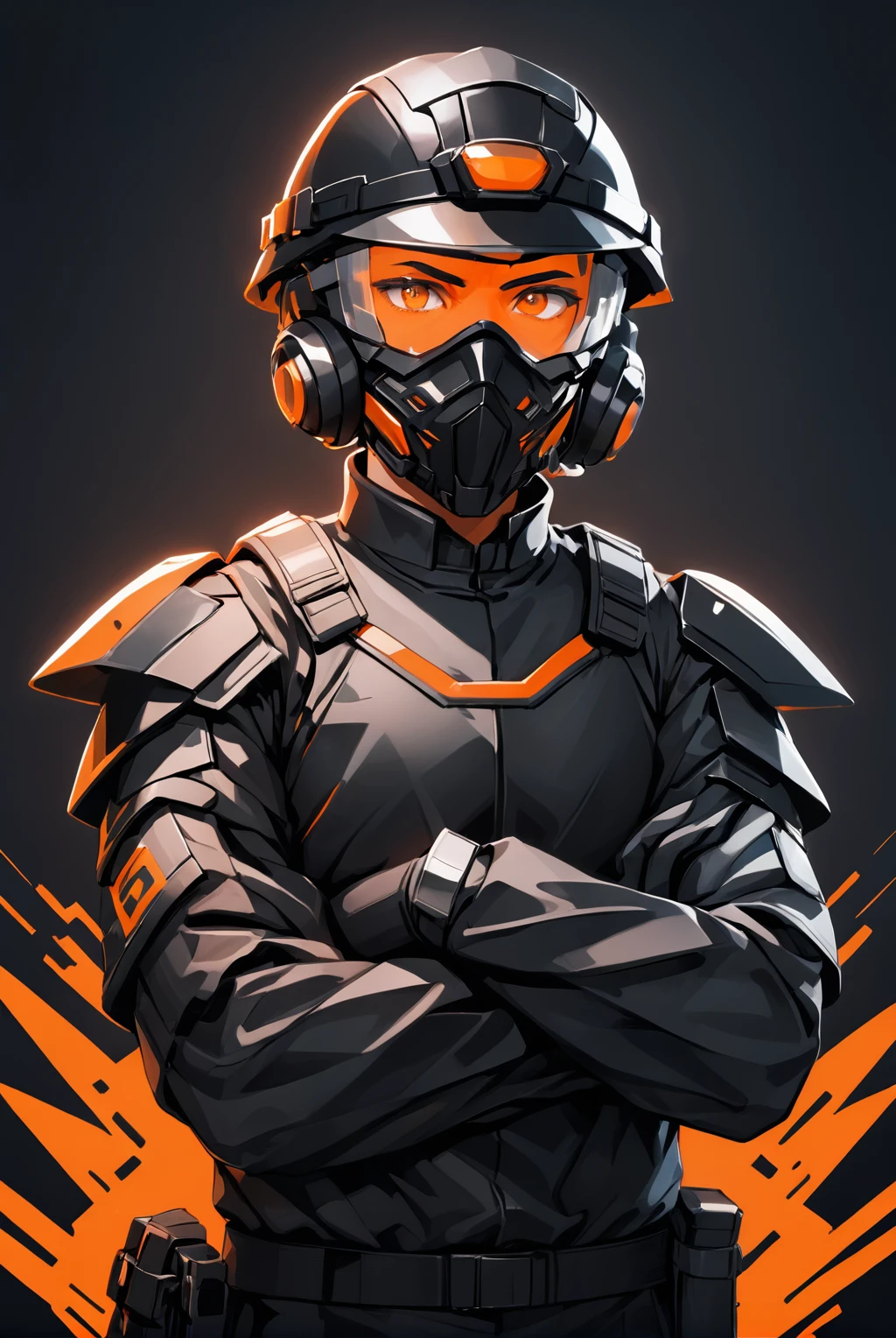 Anime style, better effects, 8k, better lighting, vivid colors. man with arms crossed, black clothing and military helmet with a orange visior, front view, background black