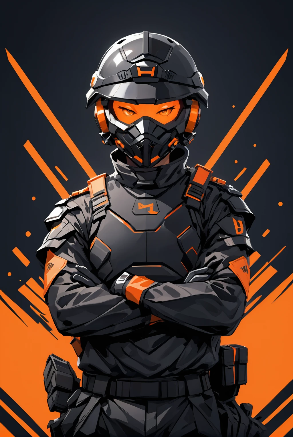 Anime style, better effects, 8k, better lighting, vivid colors. man with arms crossed, black clothing and military helmet with a orange visior, front view, background black
