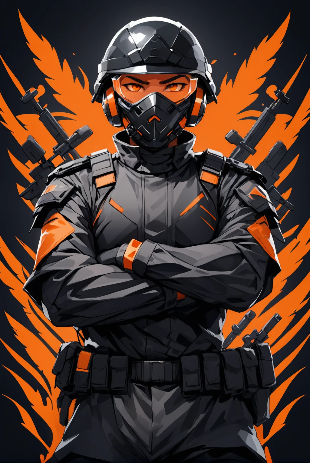 Anime style, better effects, 8k, better lighting, vivid colors. man with arms crossed, black clothing and military helmet with a orange visior, front view, background black