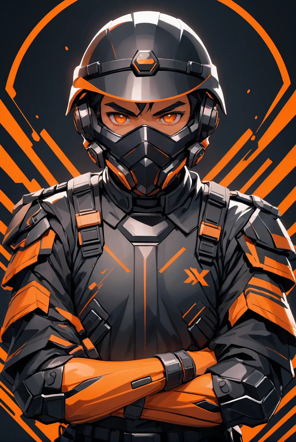 Anime style, better effects, 8k, better lighting, vivid colors. man with arms crossed, black clothing and military helmet with a orange visior, front view, background black