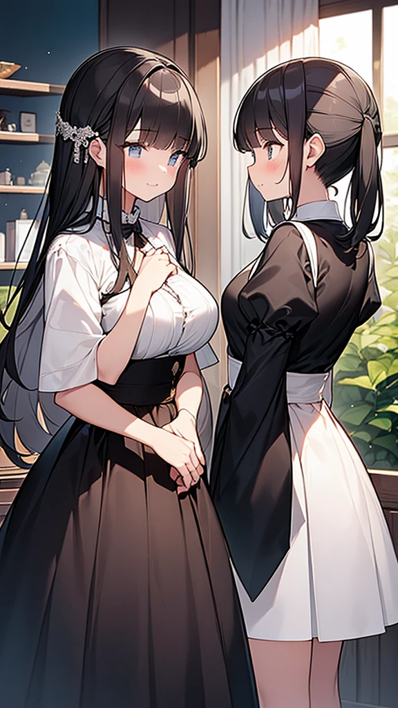 ((masterpiece)), (Highest quality、32k), (Simple style), (Faceless,Face peeling), 2 Girls, A faceless young lady and her maid with a young lady's face, Big Breasts, Big Swing Chest, Wearing a face stolen from someone else, Sexy body, Sleeveless, No sleeve, Off the shoulder, Black Dress, Pleated lace, Lace dress, black knee socks. Standing, whole body, both hands touch the face, Luxurious Room, {{A young lady who used her face-peeling ability to peel off the face of a young lady, leaving her face blank, and a maid who transplanted the peeled face onto her own face.}}, Browsing Caution, NSFW