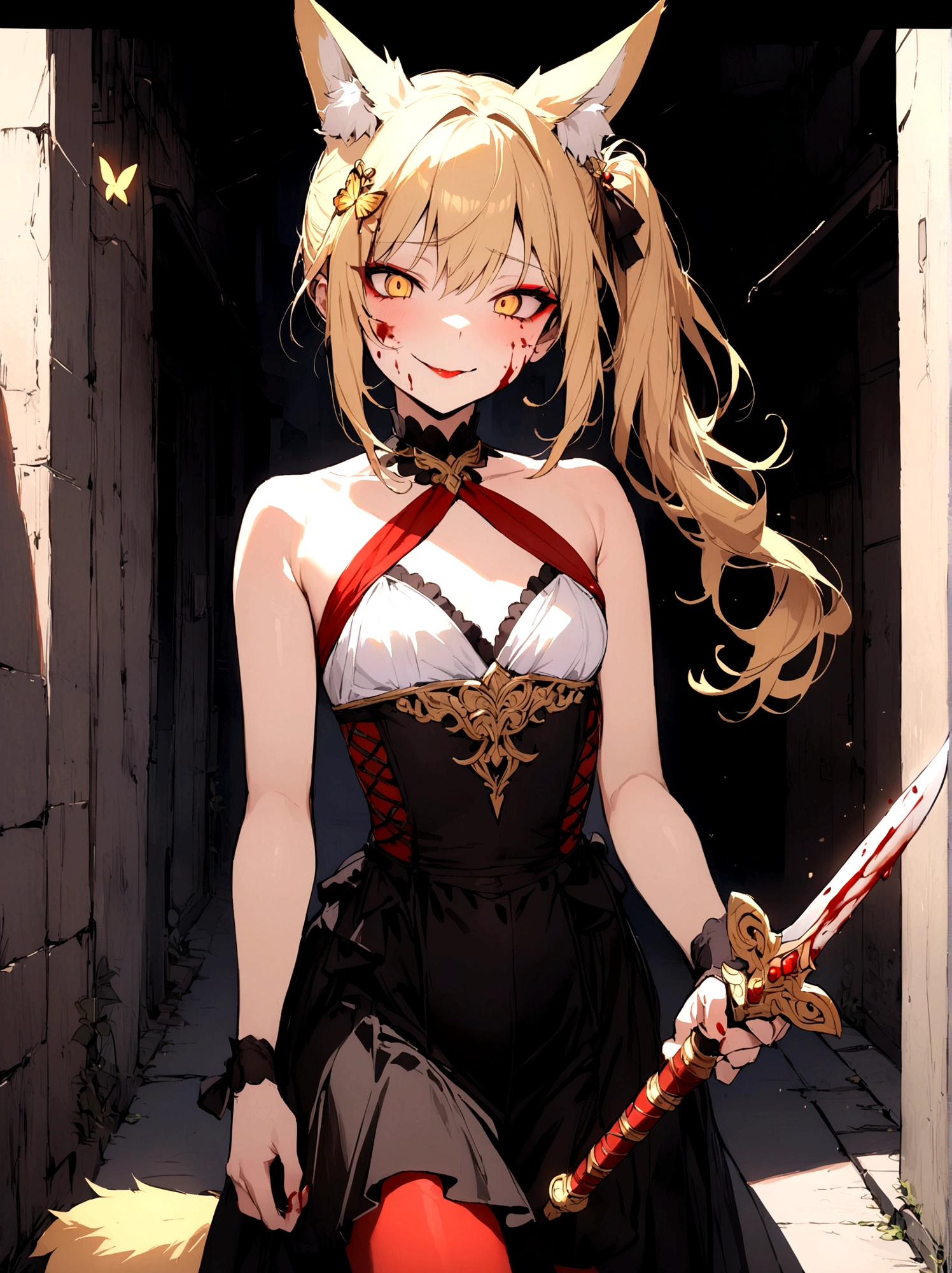 (masterpiece, best quality) junior,detailed, (beautiful,small breasts), blonde,long hair, side ponytail(tied to the left),Hairpin decoration with gold butterfly, elegant, (fox ears),nine tailed fox tail, red eyeshadow, golden eyes, femur,dark background,Alley background,girl,yandere eyes,bloody face,bloody clothes,Bloody(blood on fullbody),holding a sword hilt,bloody dagger(knife),evil smile