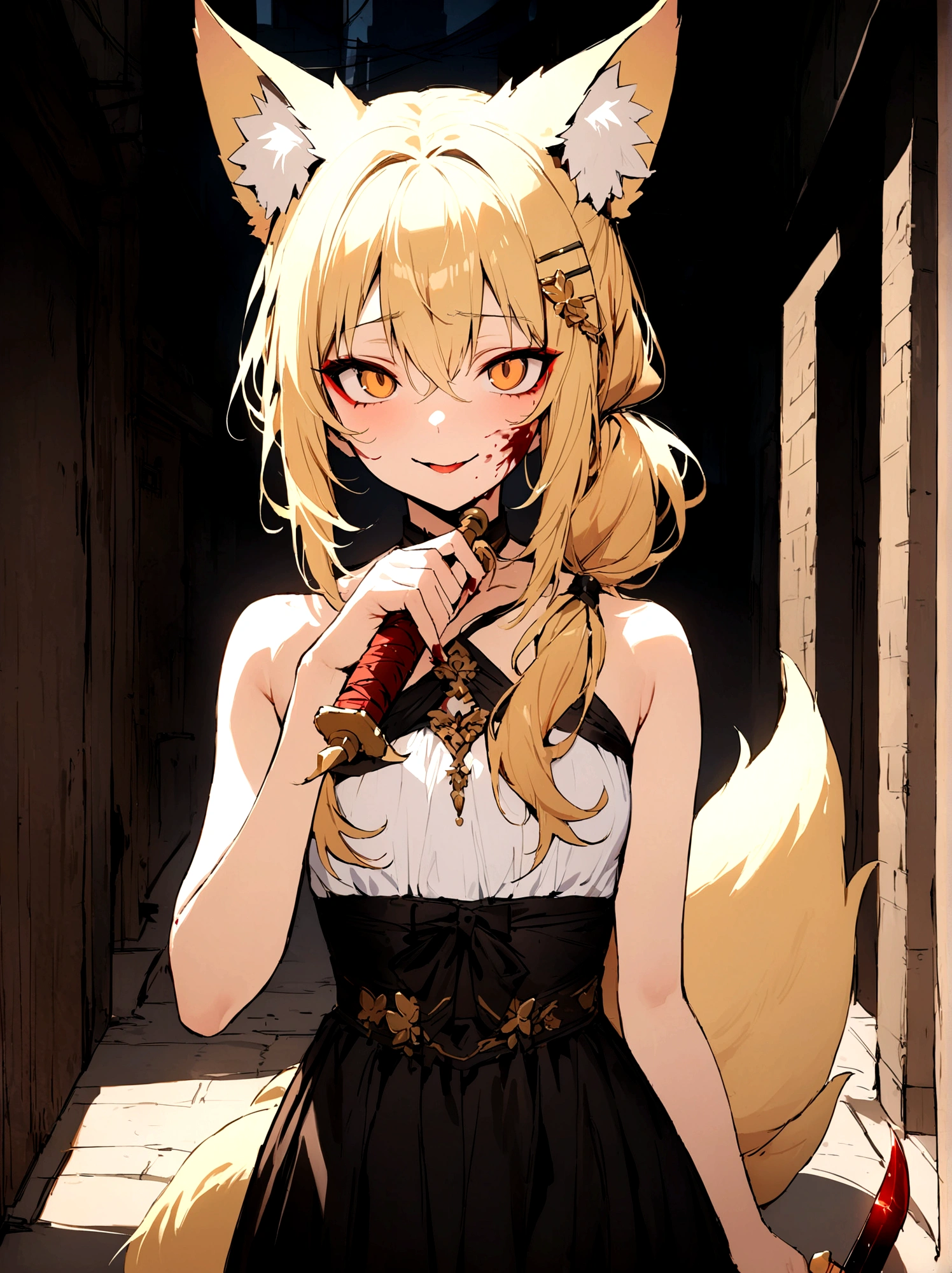 (masterpiece, best quality) junior,detailed, (beautiful,small breasts), blonde,long hair, side ponytail(tied to the left),Hairpin decoration with gold butterfly, elegant, (fox ears),nine tailed fox tail, red eyeshadow, golden eyes, femur,dark background,Alley background,girl,Yandere expression,blood stains on face,blood stains on clothes,holding a sword hilt,bloody dagger(knife),evil smile