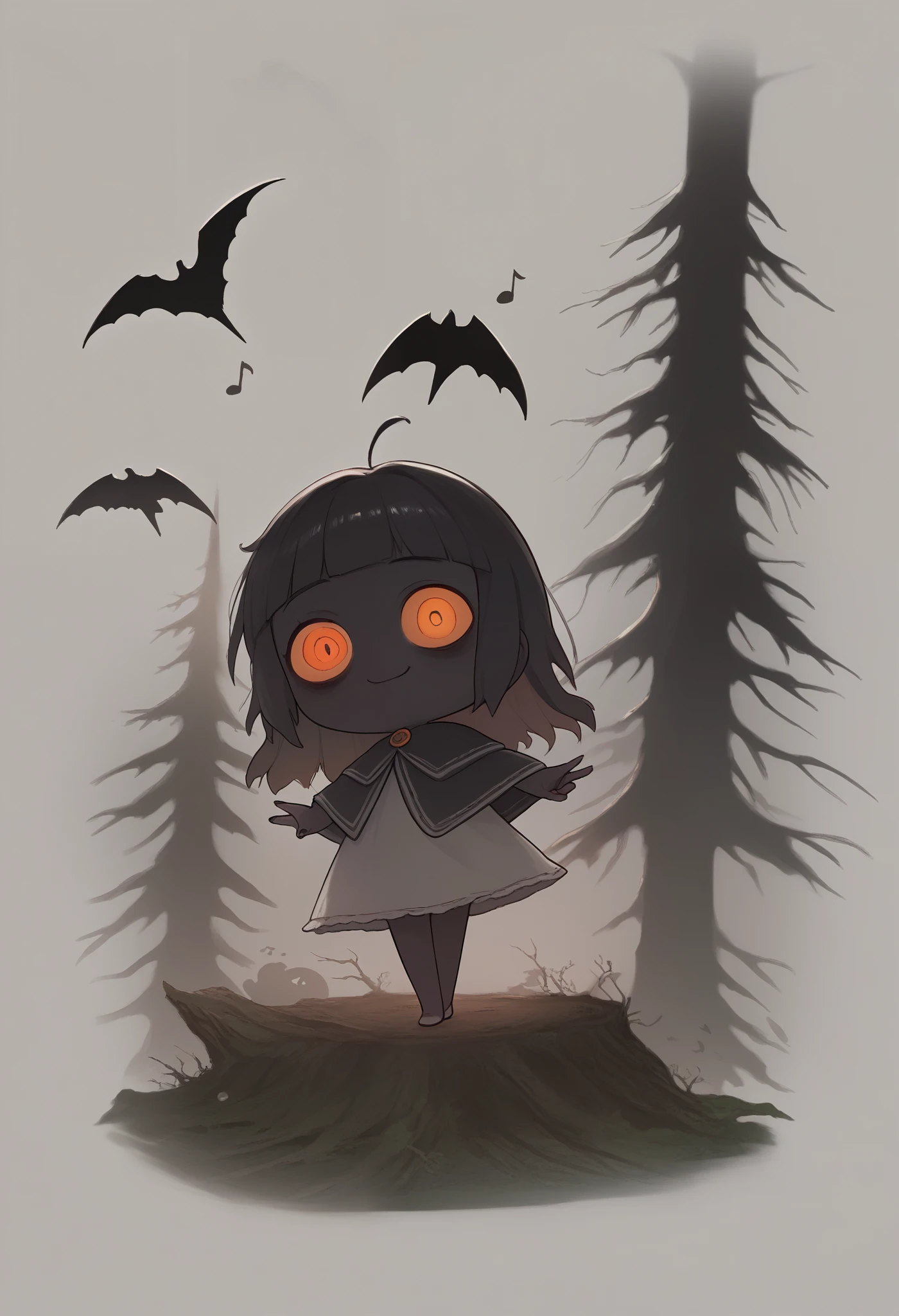 score_9, score_8_up, score_7_up, score_6_up, score_5_up, score_4_up, cute horror fantasy, disney-style horror effects,picture-book style,children-book style, BREAK ,solo,1girl\((devil:1.6),cute,(dancing:1.3),evil smile,pure black skin,bags under eyes,long eyebrow,big eyes,chibi,long nail,orange eyes,hair,(looking down:1.3),wearing capelet\((very big:1.5),(very long:1.3),(traditional_patterned:1.2)\)\), BREAK ,background\(music notes, (dead trees:1.3), in the forest,shadow_pappet\(bat,doll,crow\)\),long shot,wide shot,dynamic angle,full body