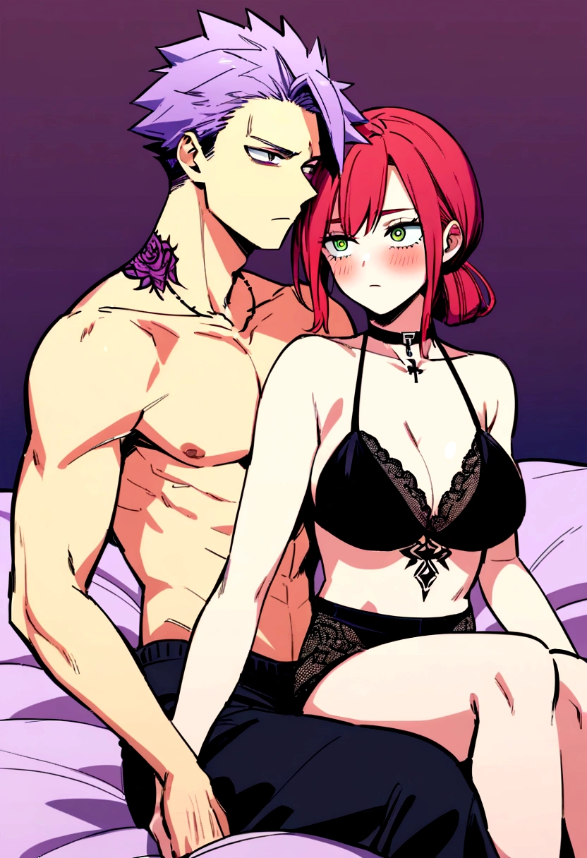 anime couple lying in bed hugging, sfw version.(anime) (my hero academia) An attractive young adult boy (little long reddish hair tied) (green eyes)(serious look)(cross tattoo on neck he is shirtless wearing black shorts barefoot ) lying on a bed hugging a girl (long light purple hair. violet eyes.lined under the eyes.violet dragon tattoo on neck.serious look with a blush.attractive) .Wear sexy black lingerie, big breasts.Sitting on the boy's lap.Elegant room background.