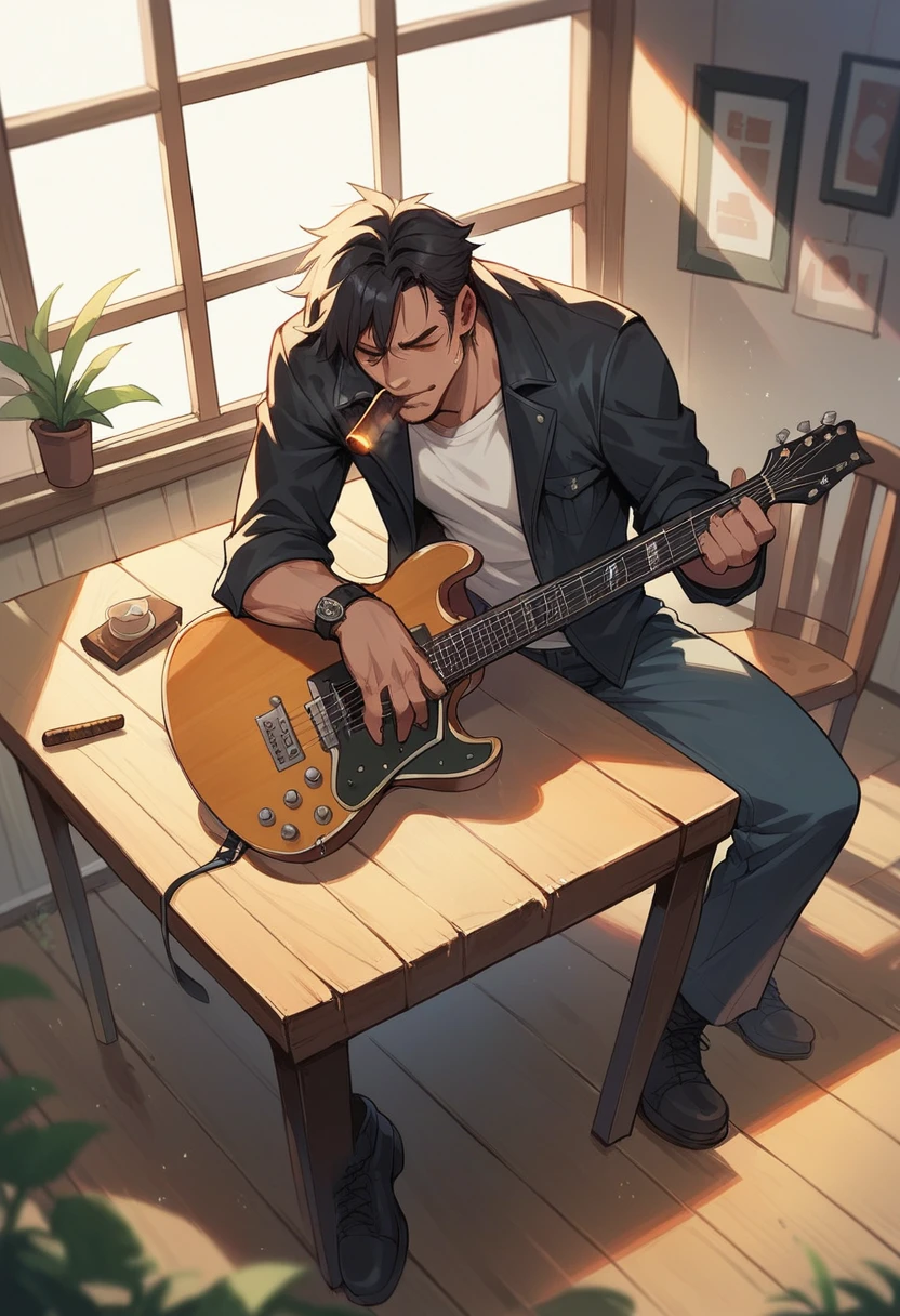 a black guitar on a table a wooden table and an almost finished lit cigar on one side of the guitar