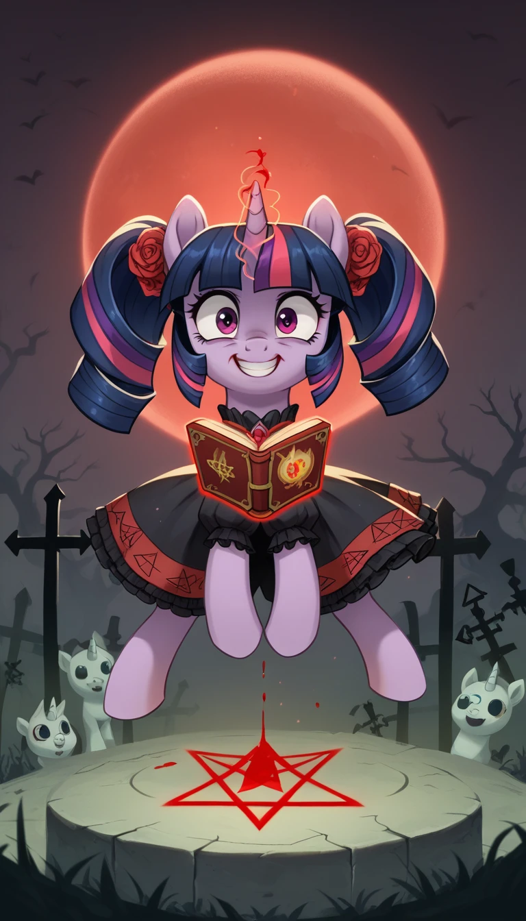 score_9,score_8_up,score_7_up,score_6_up, filly, unicorn, white fur, curly blonde hair, cute twintails, red eyes, Gothic pony, cute ta fashion, glowing backlight, fashion show, graveyard, glitter, whimsical, enchanted, magical, fantasy art concept, intricate details, insane evil smile, blood splatter on face, floating, levitating spell book, glowing pentagram, glowing unicorn horn, red moon, scared twilight sparkle