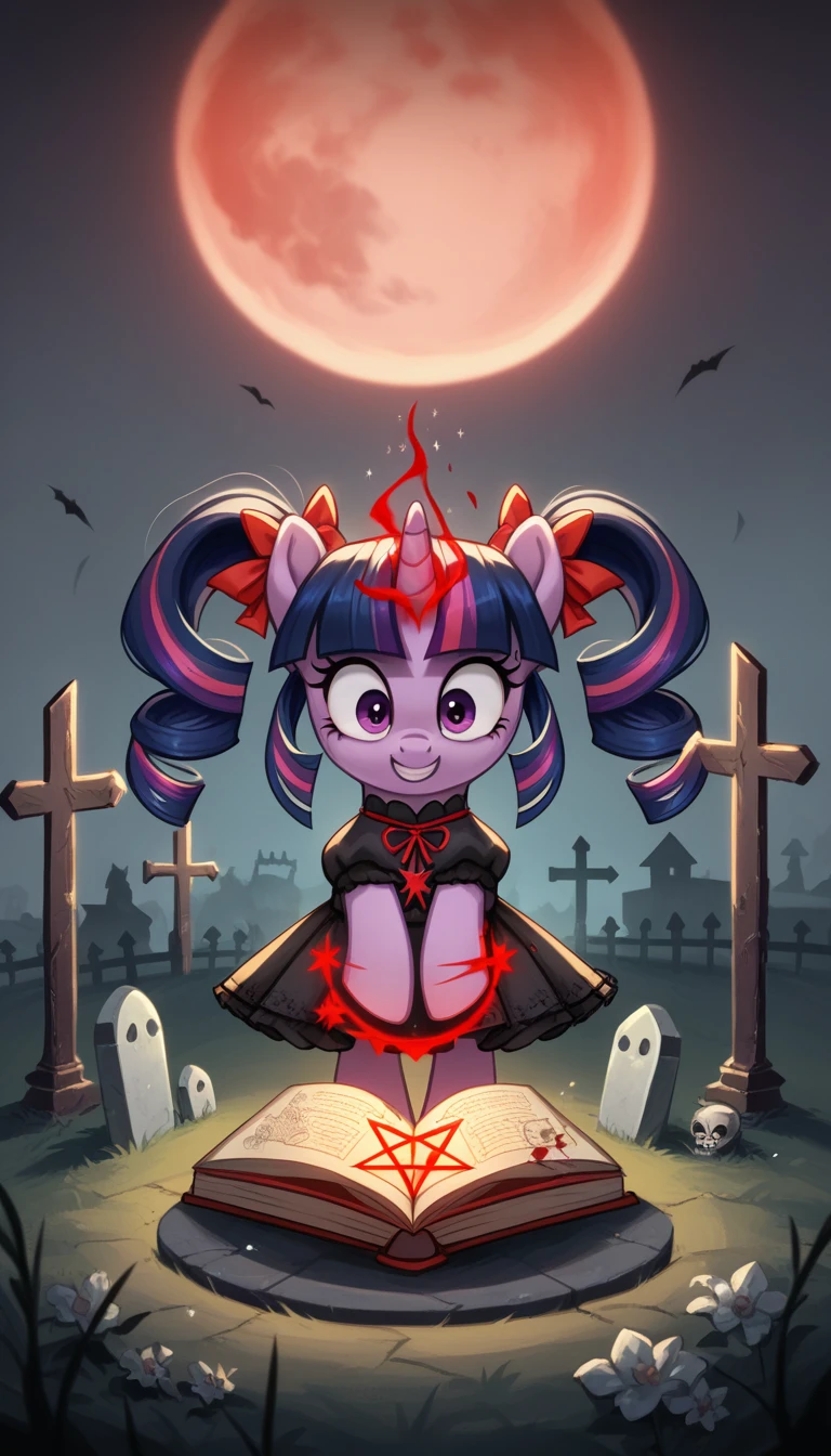 score_9,score_8_up,score_7_up,score_6_up, filly, unicorn, white fur, curly blonde hair, cute twintails, red eyes, Gothic pony, cute lolita fashion, glowing backlight, fashion show, graveyard, glitter, whimsical, enchanted, magical, fantasy art concept, intricate details, insane evil smile, blood splatter on face, floating, levitating spell book, glowing pentagram, glowing unicorn horn, red moon, scared twilight sparkle