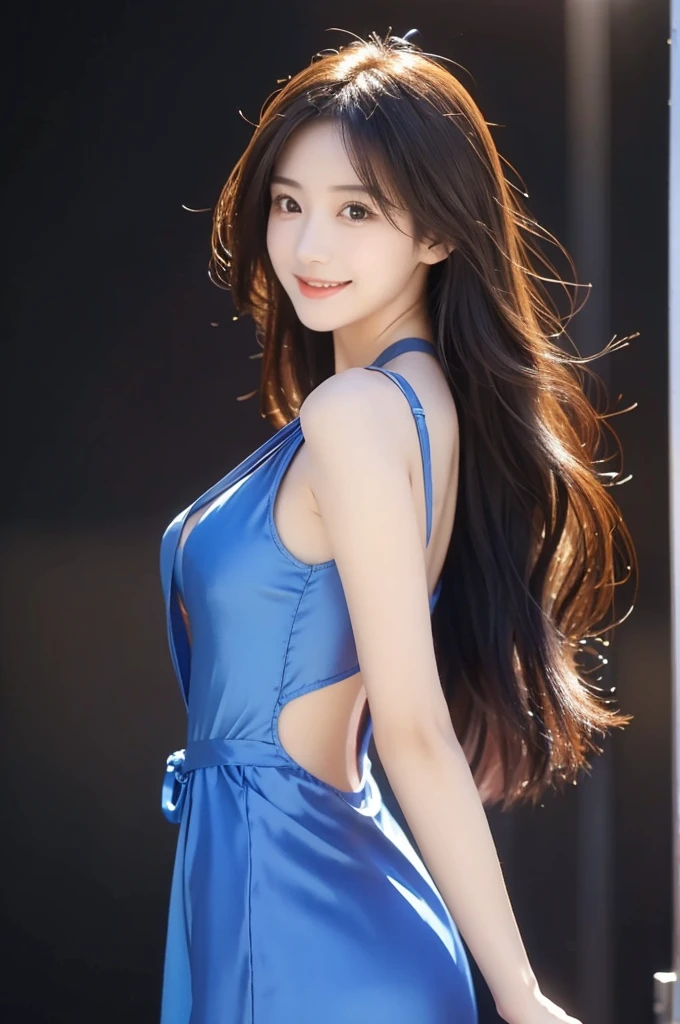Image resolution 8K、masterpiece:1.3)、Beauty、1 female、(魅力的なBody Type:1.2)、abdomen:1.1、Dark brown hairstyle:1.1、(Body Type:1.2)、Ultra-detailed face、Attractive lips、double eyelid,Wearing a blue silk one-piece dress、Super realistic and super cute in every detail、Japanese、Japanese女性、20th generation(28 years old)、Smile with a beautiful smile、Hair blowing in the wind、color々Hair style、Light shining from behind、Black background、Filmed in the studio、Pose facing forward、