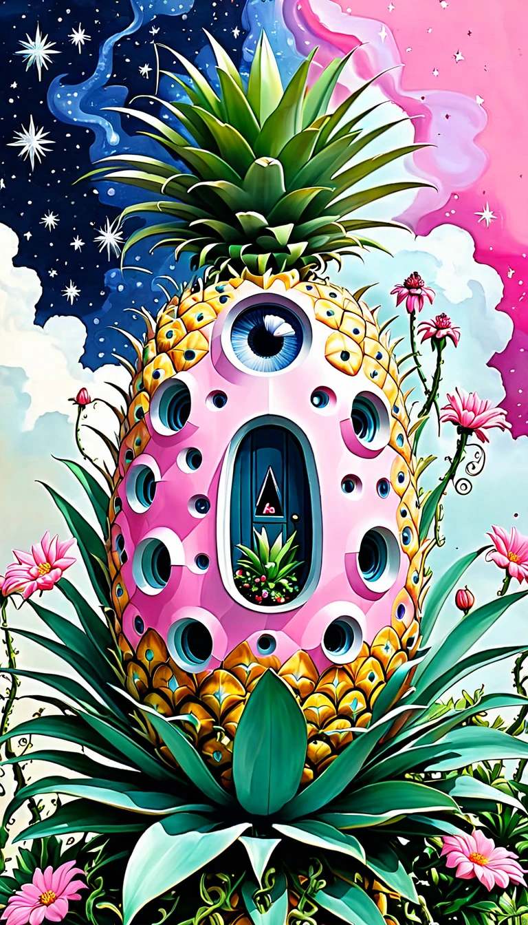 Pink hollow pineapple house，plant，flower，Tentacles，Eye、Starry Sky，Stitching together an abstract painting，Describing the inner world of autistic people，Sense of space，White Space，interesting，Innocence，Psychedelic Art，Pink theme