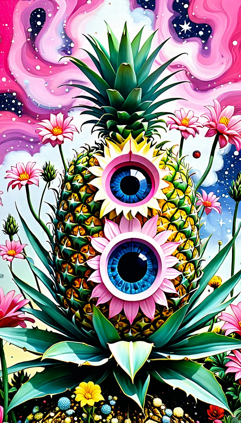 Pink hollow pineapple house,plant,flower,Tentacles,Eye、Starry Sky,Stitching together an abstract painting,Describing the inner world of autistic people,Sense of space,White Space,interesting,Innocence,Psychedelic Art,Pink theme