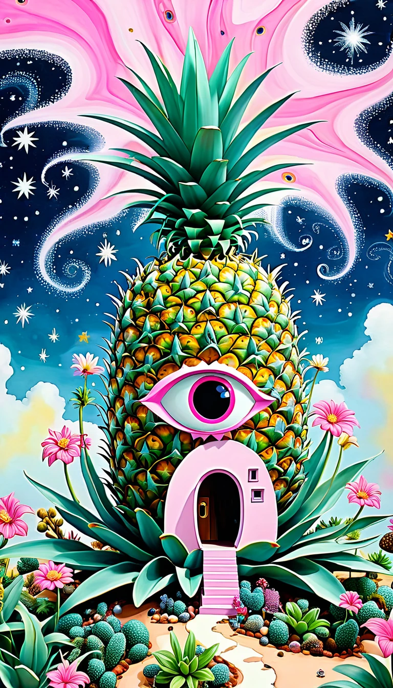 Pink hollow pineapple house,plant,flower,Tentacles,Eye、Starry Sky,Stitching together an abstract painting,Describing the inner world of autistic people,Sense of space,White Space,interesting,Innocence,Psychedelic Art,Pink theme