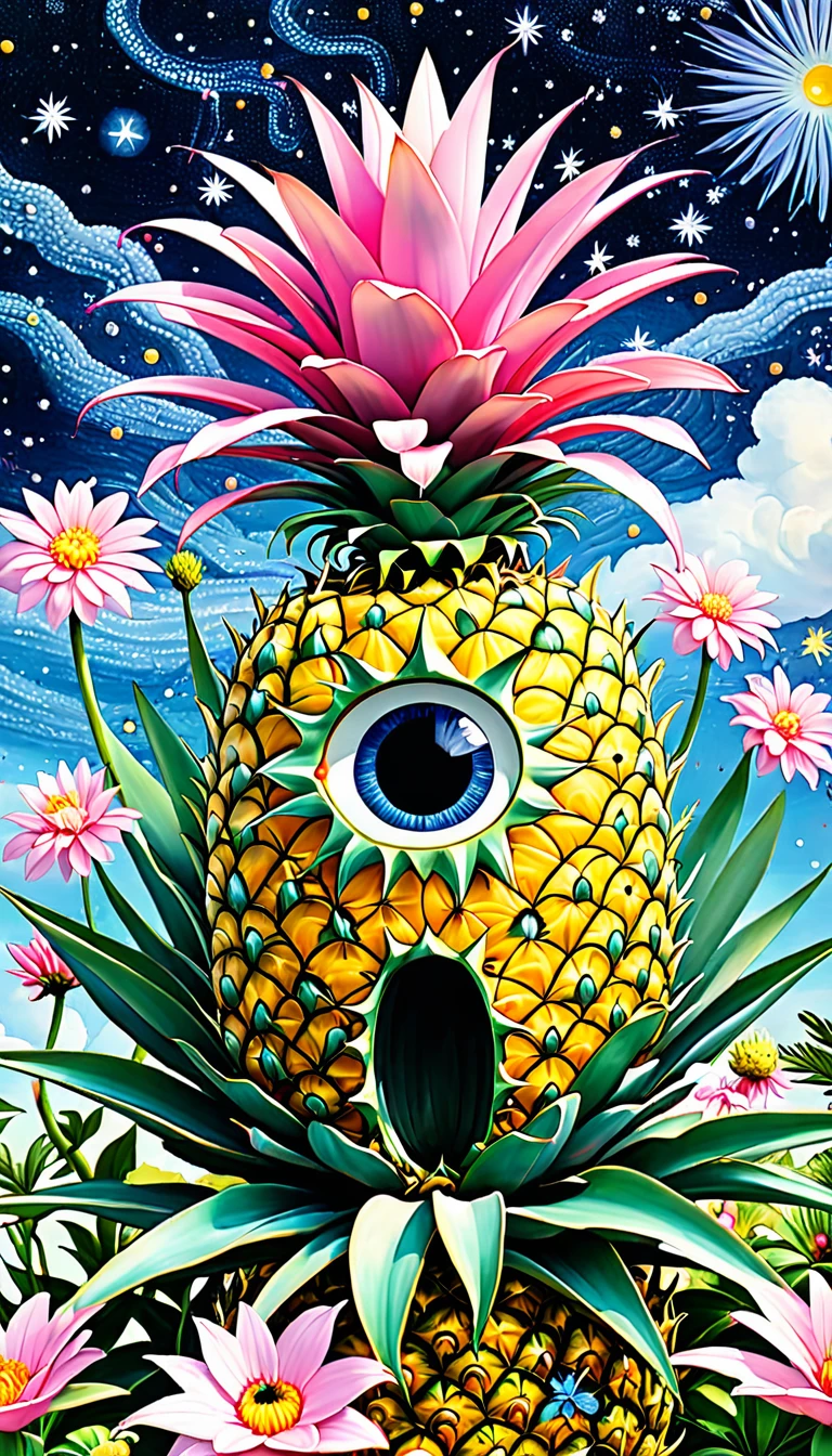 Pink hollow pineapple house,plant,flower,Tentacles,Eye、Starry Sky,Stitching together an abstract painting,Describing the inner world of autistic people,Sense of space,White Space,interesting,Innocence,Psychedelic Art,Pink theme