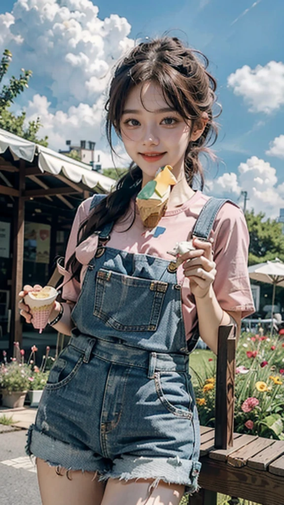 masterpiece,best quality, 1girl,solo,haru urara,overalls,overall shorts,flower-shaped pupils,,pink shirt,holding ice cream,(horse tail:0.6),smile,open mouth,cloudy, 