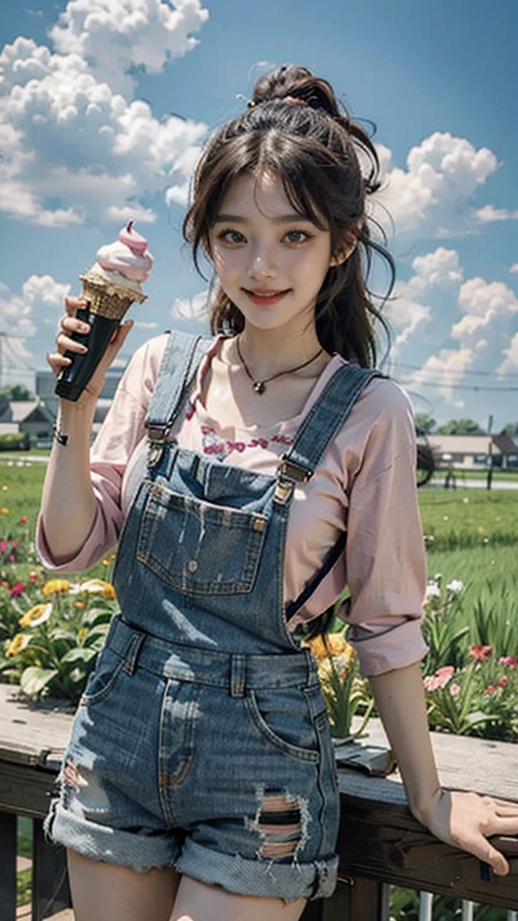 masterpiece,best quality, 1girl,solo,haru urara,overalls,overall shorts,flower-shaped pupils,,pink shirt,holding ice cream,(horse tail:0.6),smile,open mouth,cloudy,