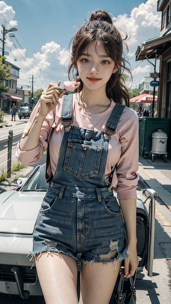 masterpiece,best quality, 1girl,solo,haru urara,overalls,overall shorts,flower-shaped pupils,,pink shirt,holding ice cream,(horse tail:0.6),smile,open mouth,cloudy, 