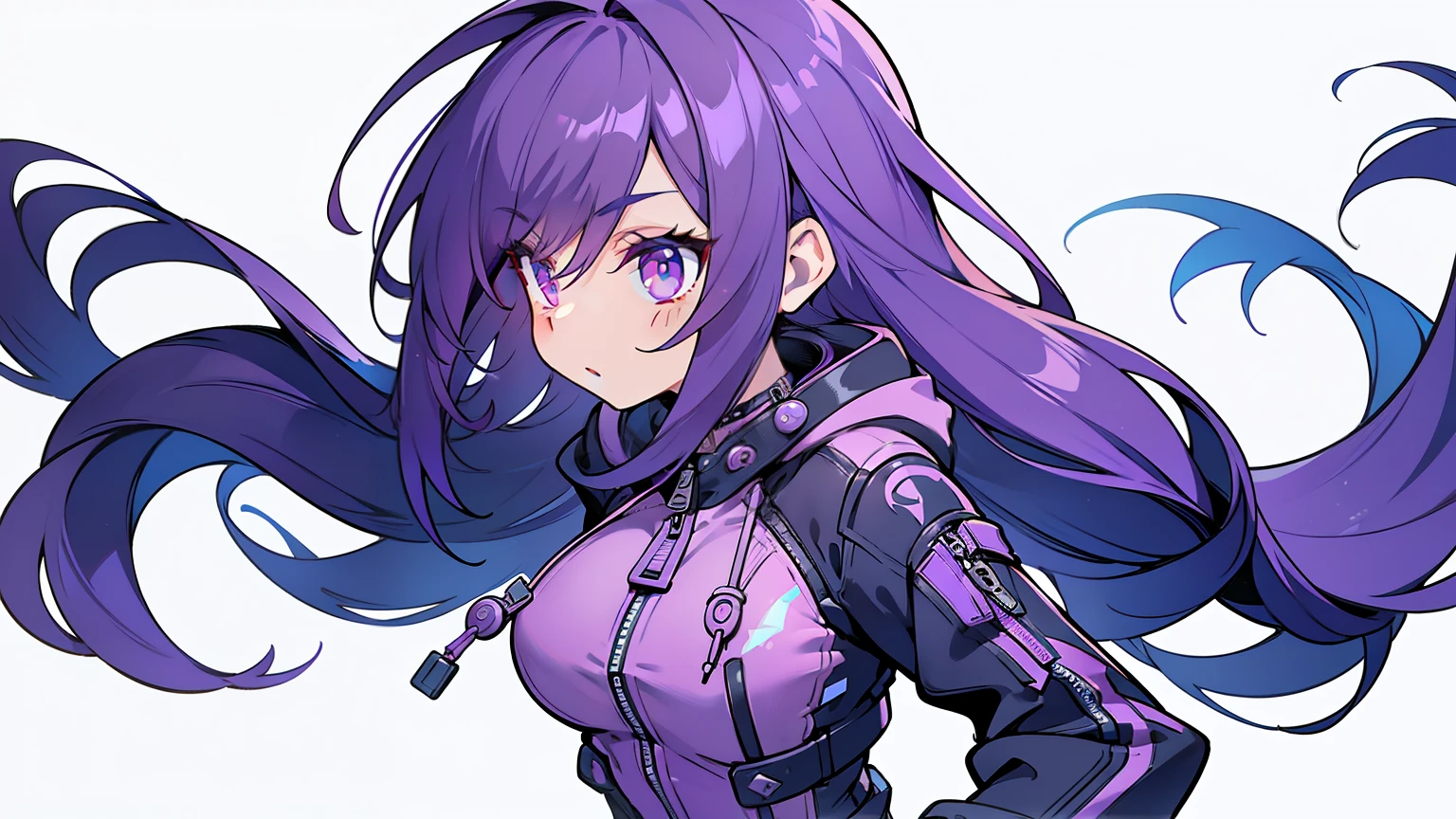masterpiece, beautiful detailed, (Wearing zipper hoodie: 1.3), 1girl, violet Eyes, violet hair, long hair, jumping, medium breasts, profile, cyber punk theme, ((no background:1.4)), (((bold outline))), limited palette