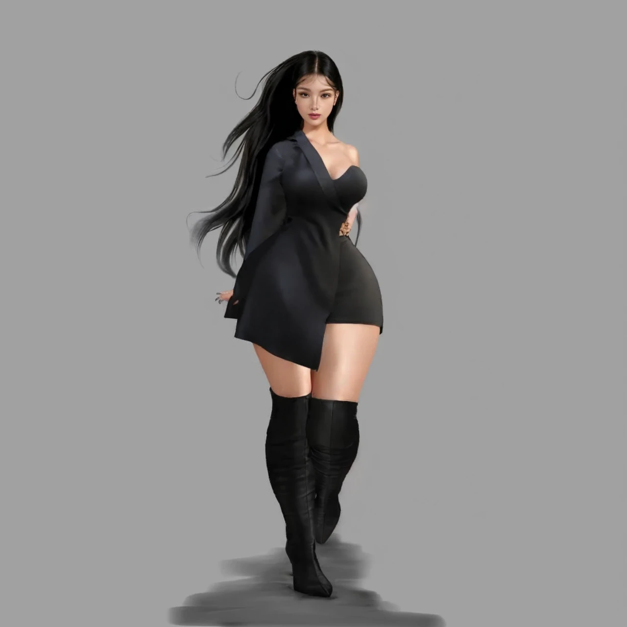 Shiny One-Shoulder Party Dress, Party Dress, best quality, masterpiece, illustration, realistic, photo-realistic, amazing, finely detail, incredibly absurdres, huge filesize, ultra-detailed, highres, extremely detailed CG unity 8k wallpaper, nsfw, A young female K-pop idol, wearing a one-shoulder party dress, is sitting in a booth at a high-end restaurant. She is being photographed close-up, in high resolution, under bright indoor lighting. She looks elegant and sophisticated, with professional makeup and a stylish hairstyle.