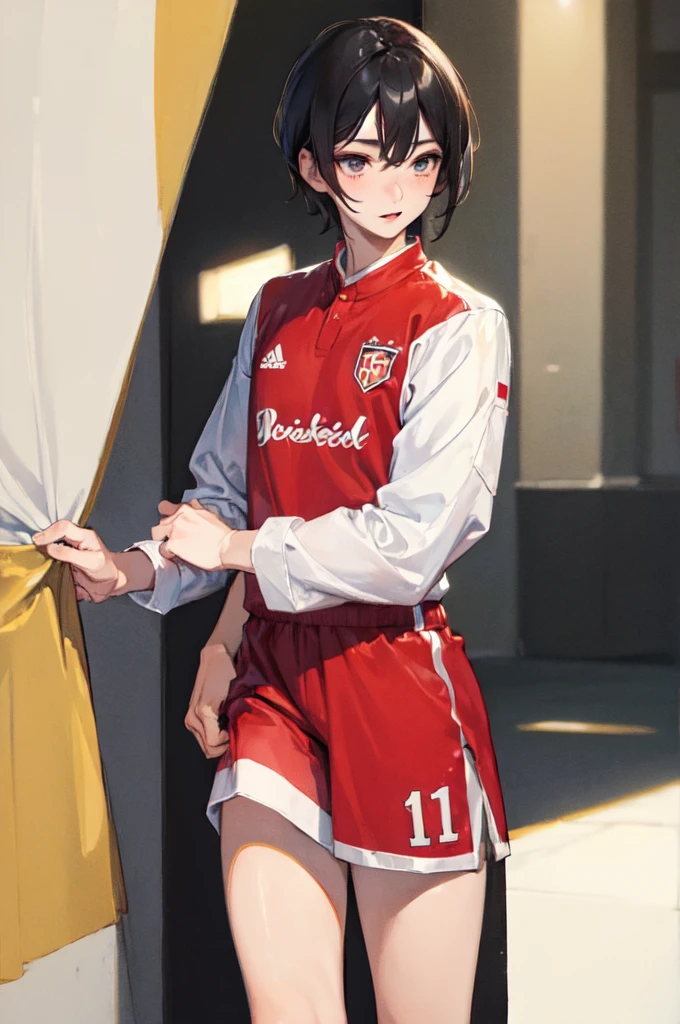(masterpiece:1.5),(best quality:1.5), Tall boy, White, with asian features, with short black hair dressed in a red football-soccer uniform
