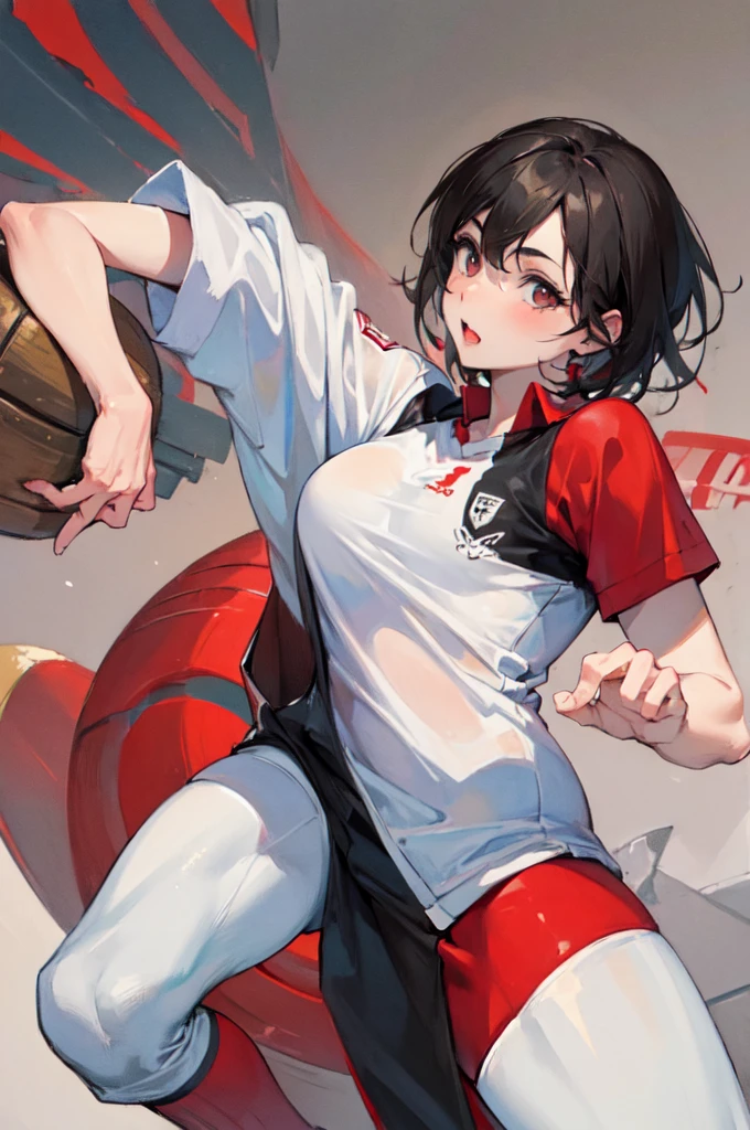 (masterpiece:1.5),(best quality:1.5), Tall boy, White, with asian features, with short black hair dressed in a red football-soccer uniform 