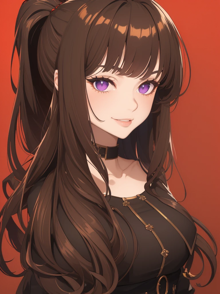 ((masterpiece)), ((best quality)), 1girl, adult, long hair, big bust, ((brown hair)), ((intimidant look)), ((close-up)), profile image, black and red clothes, sexy, dark colors, ((coat with fur)), ((wavy hair)), exposed skin, ((sexy pose)), good anatomy, ((dark sage clothes)), ((straight cut bangs)), emotionless, intimidant, ((beautiful eyes)), castle background, close up, ((detailed eyes)), ((detailed face)), hair bang, frontal look, relaxed, smile, queen, ponytail, violet eyes