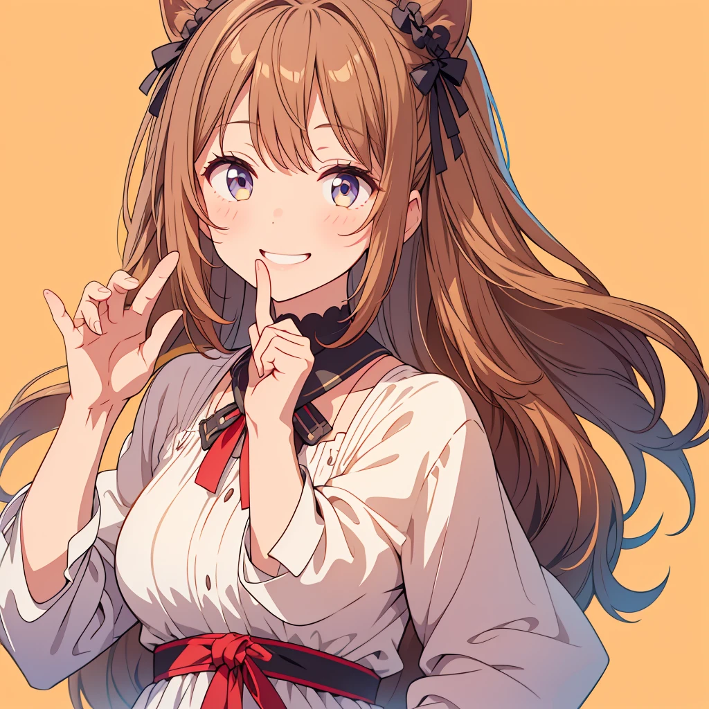 1girl、V sign、Simple Background、smile、Focus on face and hands、The best composition、