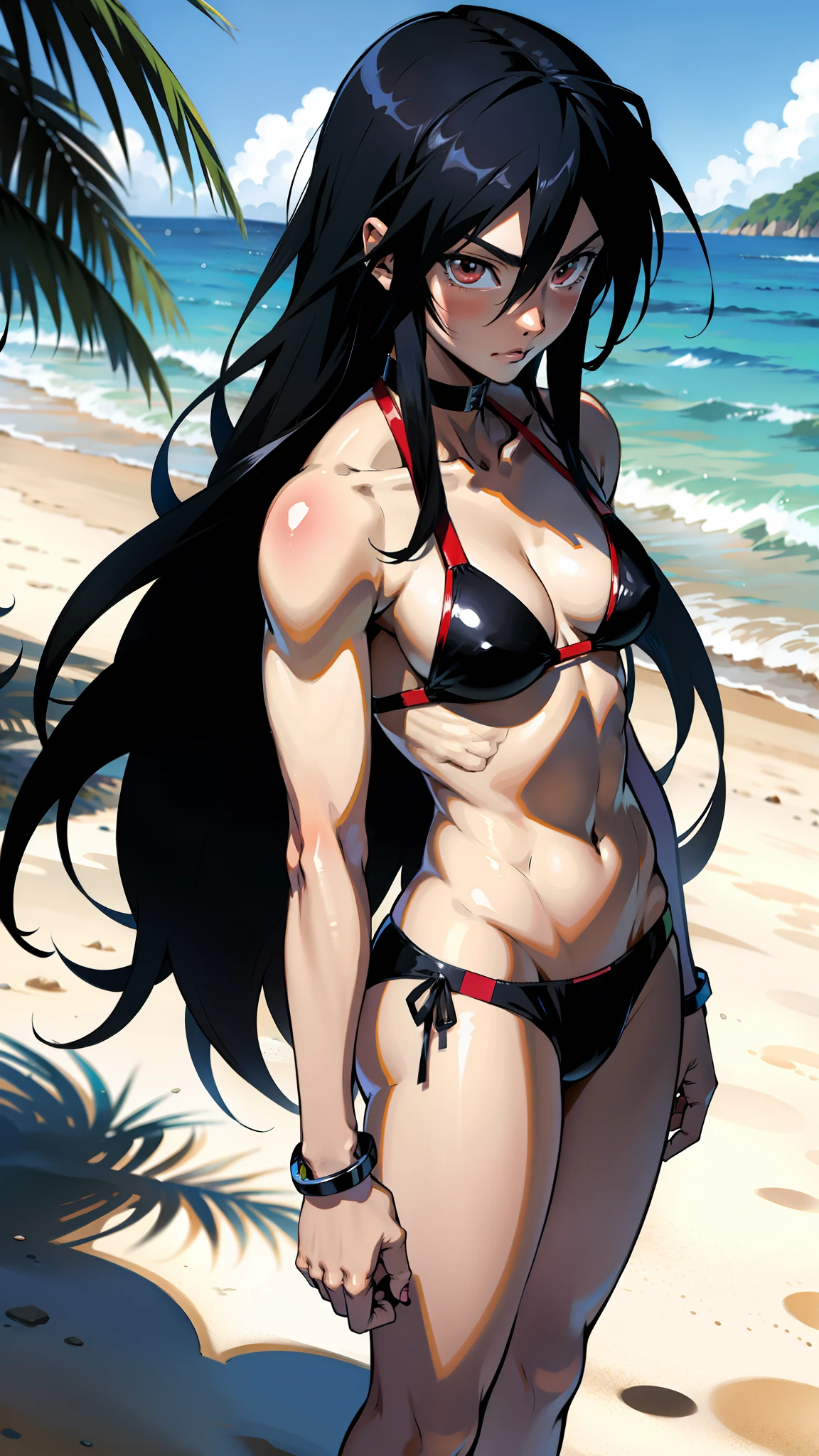 アニメ cel-shading Akame, bikini, on the beach in ((anime + manga + comics + cartoon) style) 