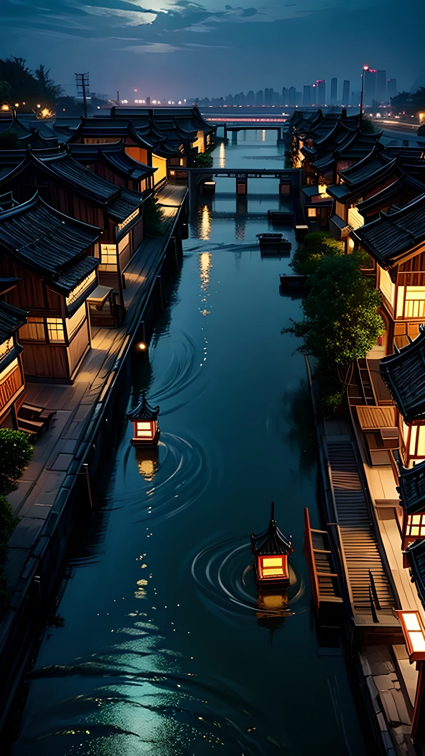 Jiangnan Water Village,Small town,night,Brightly lit,sparkling,Small town houses reflected on the lake。