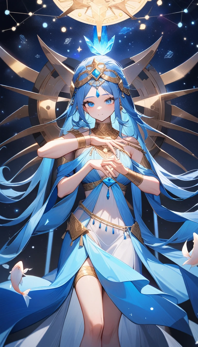 （Huang Li、high quality、Extremely detailed），Constellation-Pisces Goddess，Little fish，Woman petting a school of fish，Similar to Latin goodness，brave，capricious，Productivity，The face of enterprising and humanitarianism，Long blue hair，Ancient Greek costumes、Wrap Dress，The background is the universe，Crystal blue eyes（Eyes Details），Powerful appearance，Normal fingers