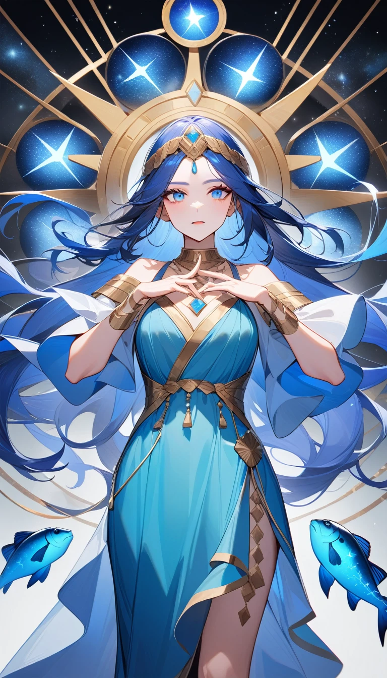(Huang Li、high quality、Extremely detailed),Constellation-Pisces Goddess,Little fish,Woman petting a school of fish,Similar to Latin goodness,brave,capricious,Productivity,The face of enterprising and humanitarianism,Long blue hair,Ancient Greek costumes、Wrap Dress,The background is the universe,Crystal blue eyes(Eyes Details),Powerful appearance,Normal fingers