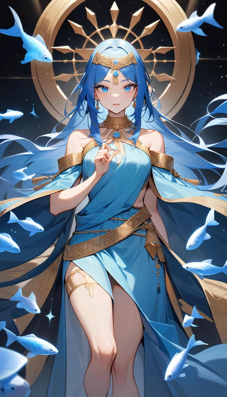 （Huang Li、high quality、Extremely detailed），Constellation-Pisces Goddess，Little fish，Woman petting a school of fish，Similar to Latin goodness，brave，capricious，Productivity，The face of enterprising and humanitarianism，Long blue hair，Ancient Greek costumes、Wrap Dress，The background is the universe，Crystal blue eyes（Eyes Details），Powerful appearance，Normal fingers