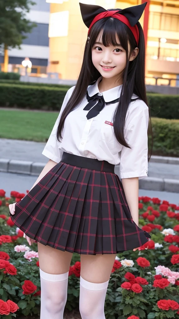 Japanese high school girl, smiling face, young face, long black hair, long straight black hair, red hairband, white short-sleeved blouse, red ribbon decoration on collar, brown and black checkered pleated skirt, black socks, dark brown loafers, standing in front of a large park, a rose flowerbed, a full moon night, a starry night, a nostalgic view 