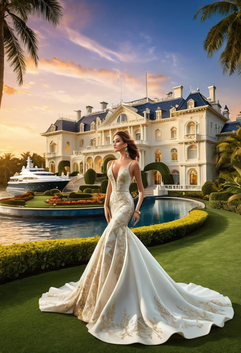 Generate an elaborate wallpaper showcasing the epitome of luxury and wealth: a breathtaking scene featuring a beautiful woman in an elegant gown standing in front of a sprawling mansion with meticulously manicured gardens. In the background, a luxurious yacht and a majestic cruise ship glide across tranquil waters, while a private jet soars overhead against a vivid sunset sky. This scene encapsulates opulence, beauty, adventure, and the allure of global travel, all in one captivating image.