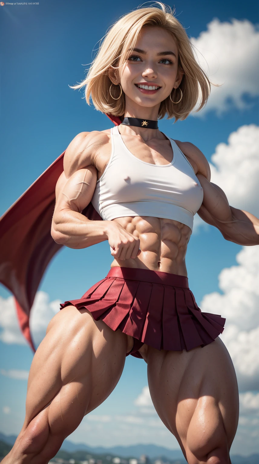 (Muscular:2), (thick thighs:2),
(blonde female:1.3), supergirl, (big smile:1.4), (android 18 haircut),
earrings, lipstick, eyeshadow,
(hard nipples),
(small red cape:1.3), (pleated skirt:1.6), (tanktop, midriff:1.2), choker,
(looking at viewer:1.7), three quarter view, (upper body view:1.9), lowlegp,
(floating in midair, sky and clouds background:1.3), rim lighting, two tone lighting, dim lighting, bokeh, detailed skin, detailed eyes