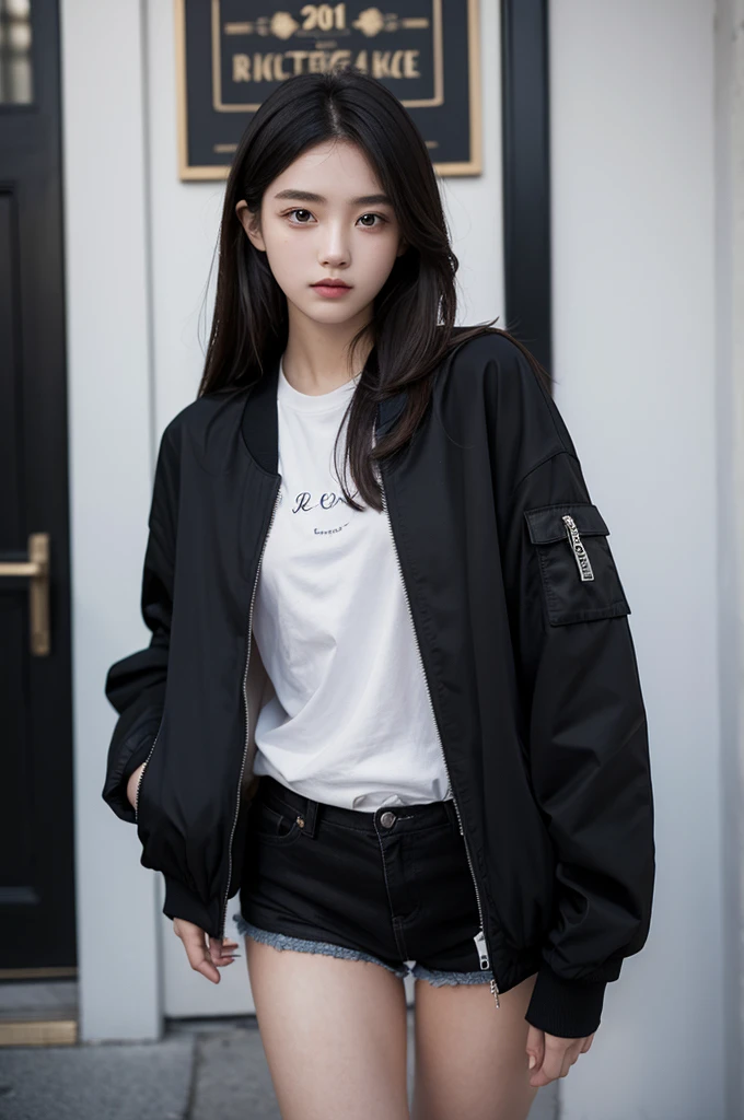 Photography of 20-year-old women, Perfect face, masterpiece, OK, underwear, Black_OK, jacket, Black_