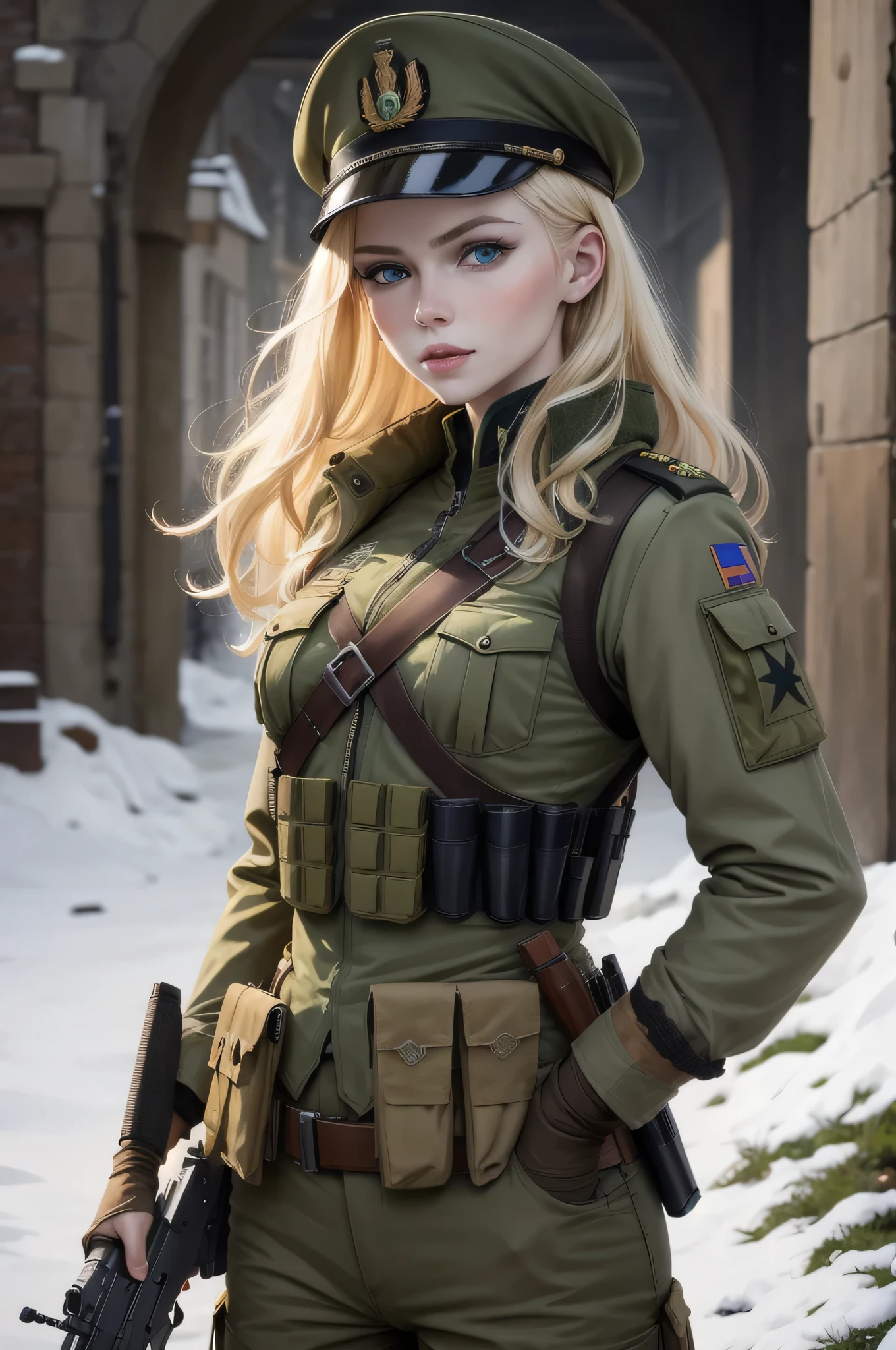 qualidade hd, blonder woman, Russian traits, greeneyes, attractive face, pale skin, military dress uniform, bulletproof vest, rifle in hand