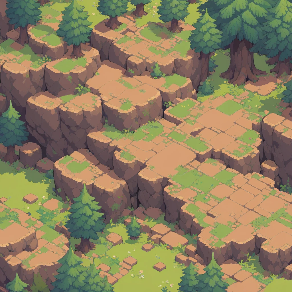retro video game style,pixelated, vibrant pastel colors,8-bit characters,blocky shapes,sharp lines,detailed shading,classic gaming vibe,nostalgic atmosphere,classic arcade games,masterpiece:1.2,ultra-detailed,illustration style, 2d texture, stone texture, 4 k seamless mud texture, video game texture, dirt texture, tileset, game tiles, grass, 3/4th perspective trees, 3/4th perspective tileable rock texture, 3/4th perspective tileable cliff formations, tileable trees, topdown view, game texture, game art, tileable texture, very detailed cliff texture, intricate stones, top down view, 3/4th perspective