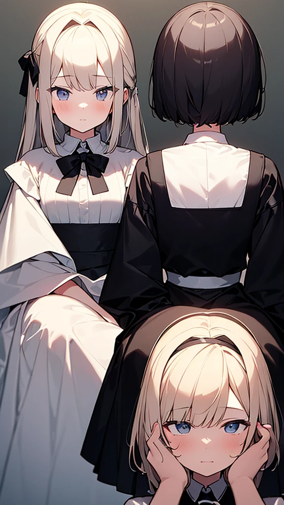 ((masterpiece)), (Highest quality、32k), (Simple style), (Faceless,Face peeling), 2 Girls, A faceless young lady and her maid with a young lady's face, Big Breasts, Big Swing Chest, Wearing a face stolen from someone else, Sexy body, Sleeveless, No sleeve, Off the shoulder, Black Dress, Pleated lace, Lace dress, black knee socks. Standing, whole body, both hands touch the face, Luxurious Room, {{A young lady who used her face-peeling ability to peel off the face of a young lady, leaving her face blank, and a maid who transplanted the peeled face onto her own face.}}, Browsing Caution, NSFW