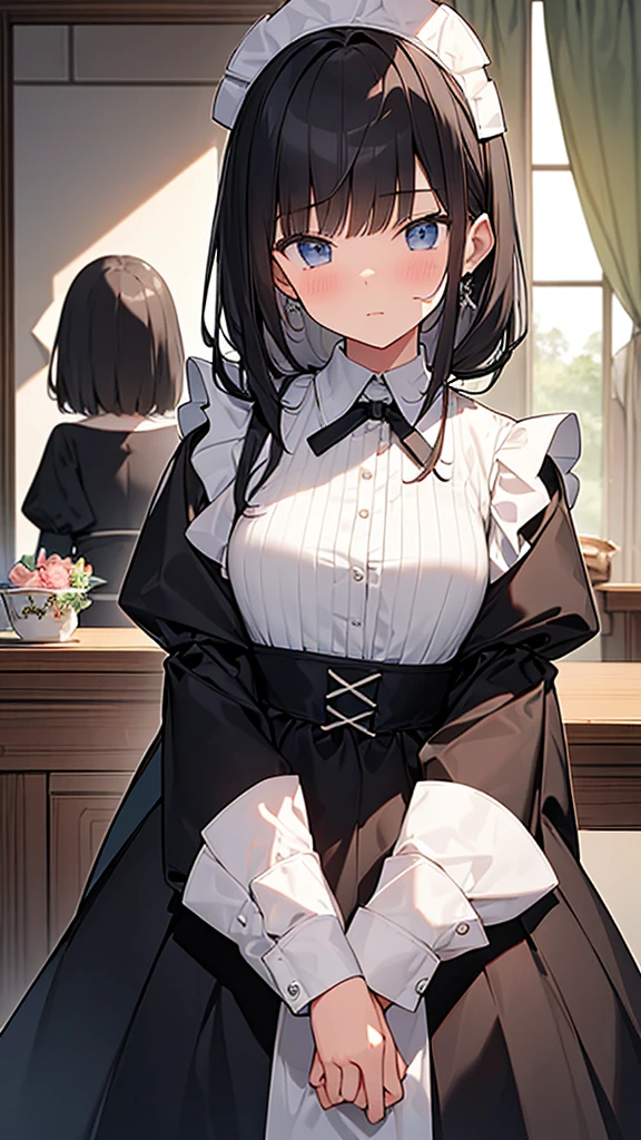 ((masterpiece)), (Highest quality、32k), (Simple style), (Faceless,Face peeling), 2 Girls, A faceless young lady and her maid with a young lady's face, Big Breasts, Big Swing Chest, Wearing a face stolen from someone else, Sexy body, Sleeveless, No sleeve, Off the shoulder, Black Dress, Pleated lace, Lace dress, black knee socks. Standing, whole body, both hands touch the face, Luxurious Room, {{A young lady who used her face-peeling ability to peel off the face of a young lady, leaving her face blank, and a maid who transplanted the peeled face onto her own face.}}, Browsing Caution, NSFW