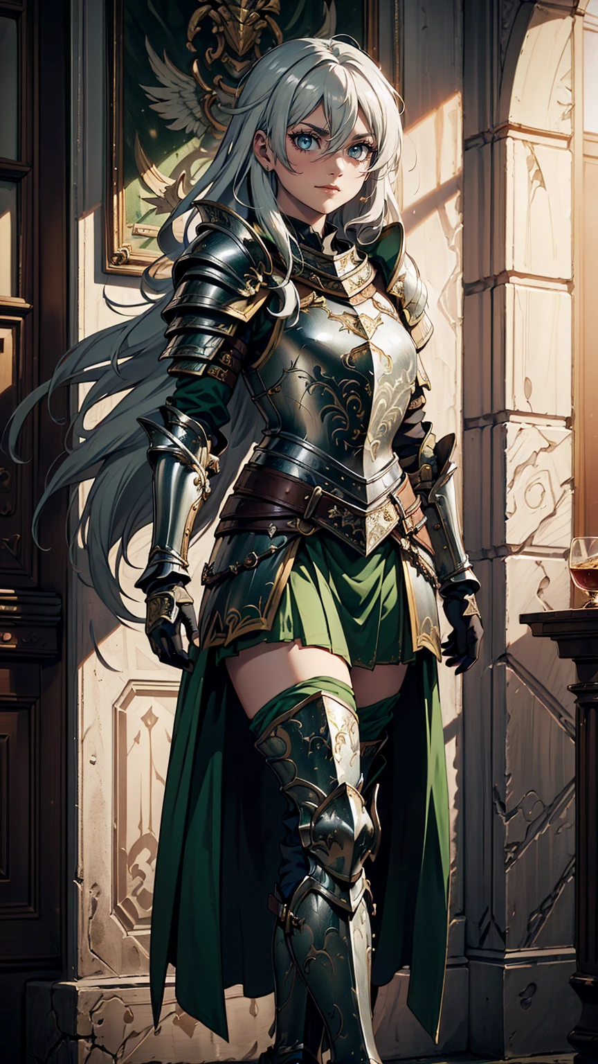 最high quality、Ultra High Definition, Ultra High Quality, Hyper Definition, Hyper Quality, Hyper Detailed, Extremely Detailed, Perfectly Detailed, Best image quality、masterpiece、anime woman((20-year-old、super dynamic pose , Green solid eyes, Silver long Hair、Disheveled Hair、Long White Hair,  Glove、Green Skirt, Noble Armor, Smirk, cheerful expression, Detailed Cuirass , Dressed in Full Coverage Noble Plate Armor, leg armor)),high quality、Beautiful art、background((Inside the mansion))、Written boundary depth、  movie、Visual Arts、Perfect art、8K,Genuine、