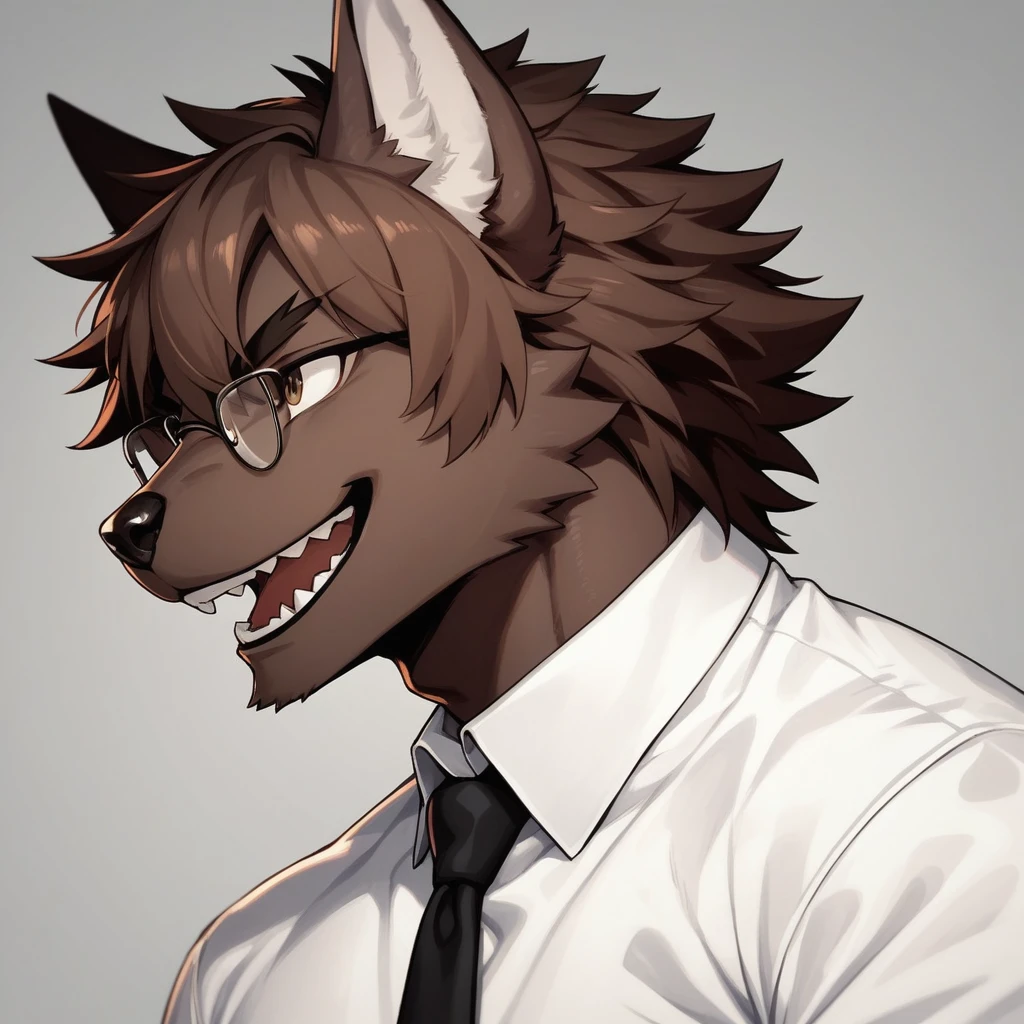 score_9,score_8_up,score_7_up, kemono style, an Anthro furry male wolf, Tall and slender, short brown shaggy hair, brown eyes, black thick rim glasses, wearing white button up shirt, black tie, black slacks, simple white background, big smile, mouth open, lookin triumphant, holding up a fist, dynamic action, furrowed eyebrows, looking up, side view,