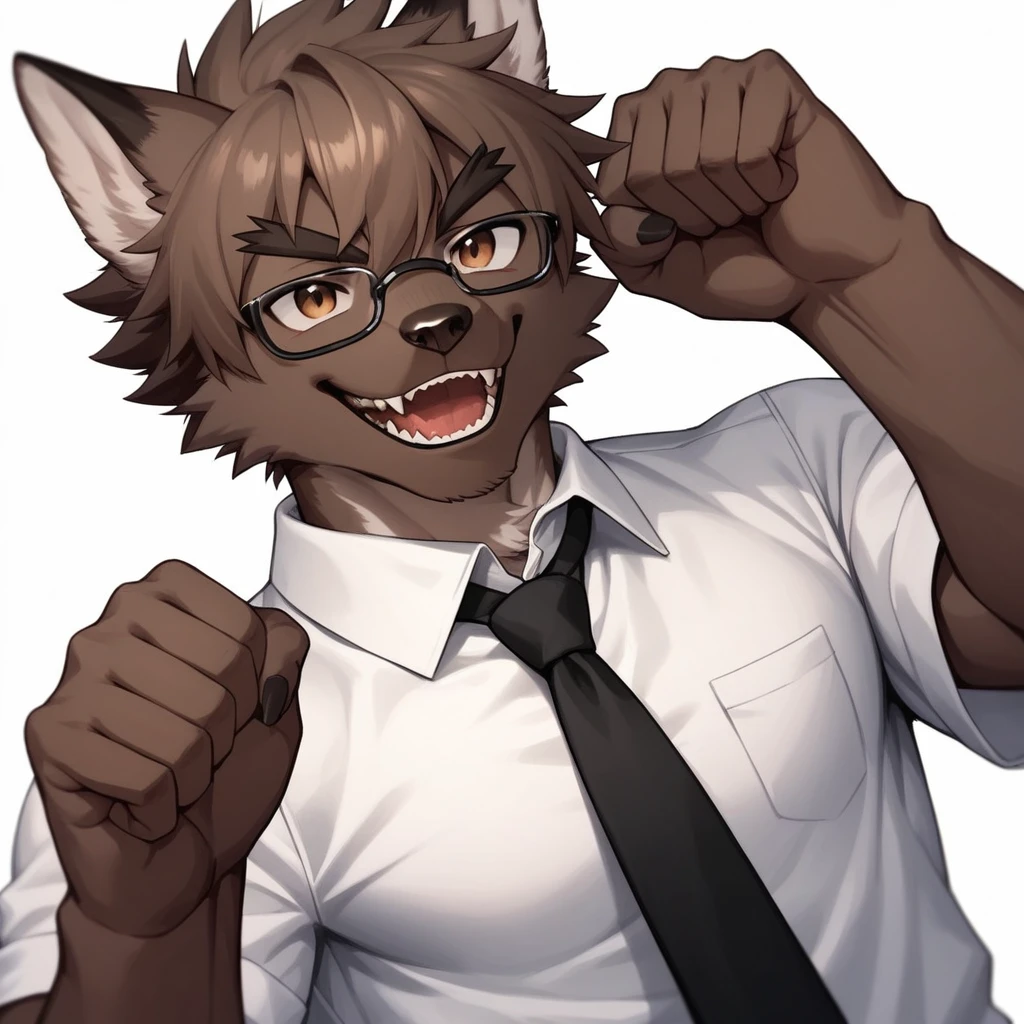 score_9,score_8_up,score_7_up, kemono style, an Anthro furry male wolf, Tall and slender, short brown shaggy hair, brown eyes, black thick rim glasses, wearing white button up shirt, black tie, black slacks, simple white background, big smile, mouth open, lookin triumphant, holding up a fist, dynamic action, furrowed eyebrows, looking up, 