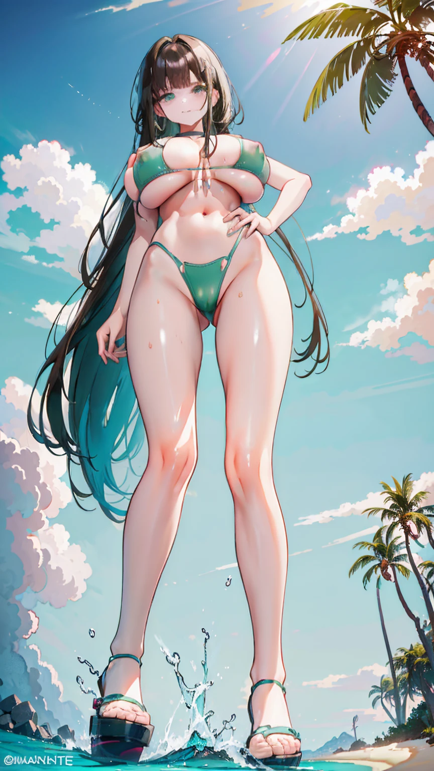 A seductive giantess in a green bikini, with long brunette hair and hypnotic brown eyes, lounges on a tropical island, her legs stretched out and crushing palm trees and beach huts. She leans back on her hands, her body exuding raw sexual power. Tiny humans try to escape, but she scoops them up playfully with her hands and feet, occasionally bringing one to her mouth. Her gaze is filled with cruel delight, her voice a sultry whisper filled with teasing mockery. Giantess, Goddess, sexy legs, bikini, hot, curvy body, mommy issues, tiny people, macrophilia, perspective from below, high quality, almost naked, mature woman, tropical island, erotic.

