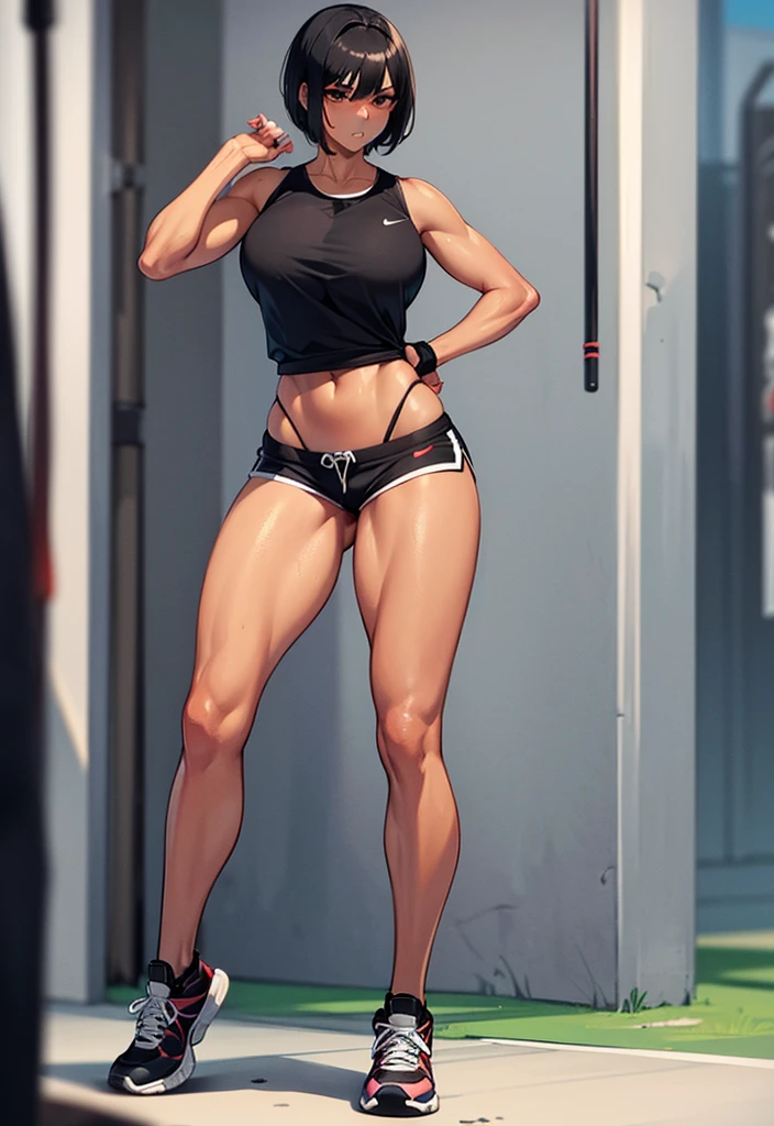 Beautiful woman with short hair black hair black eye standing full length in front of a bodybuilding gym, short shorts nike style tennis, tanned skin sweaty body