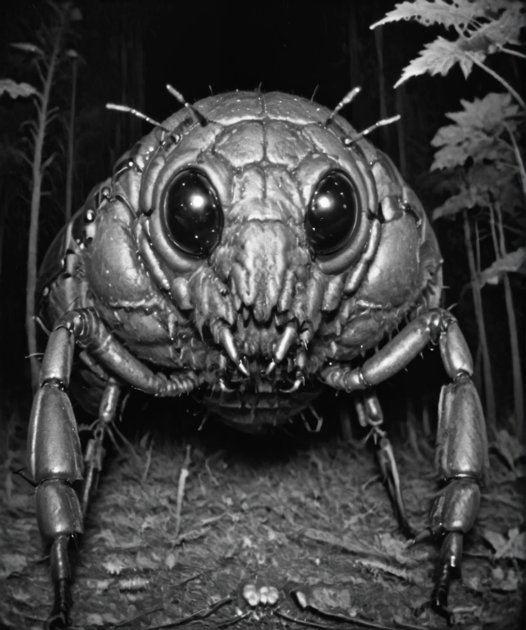 camera trap, monochrome, Creepy giant beatle looking at the camera, monster, horror