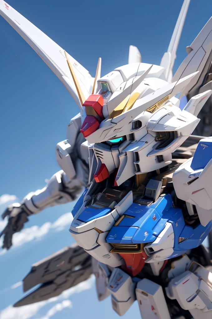 best quality, 8k, very delicate and beautiful, highly detailed face and skin texture, high resolution, blue gundam flying in the sky, sharp focus